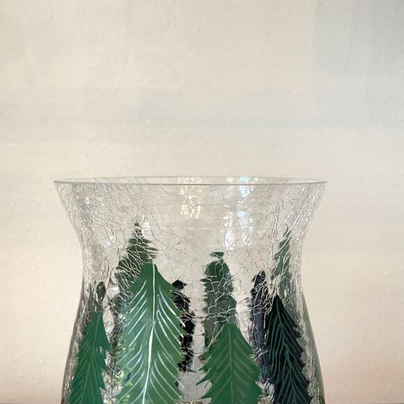 Christmas Pine Tree Crackle Glass Hurricane Candle Holder 8 x 5.5 Holiday New - Picture 4 of 10
